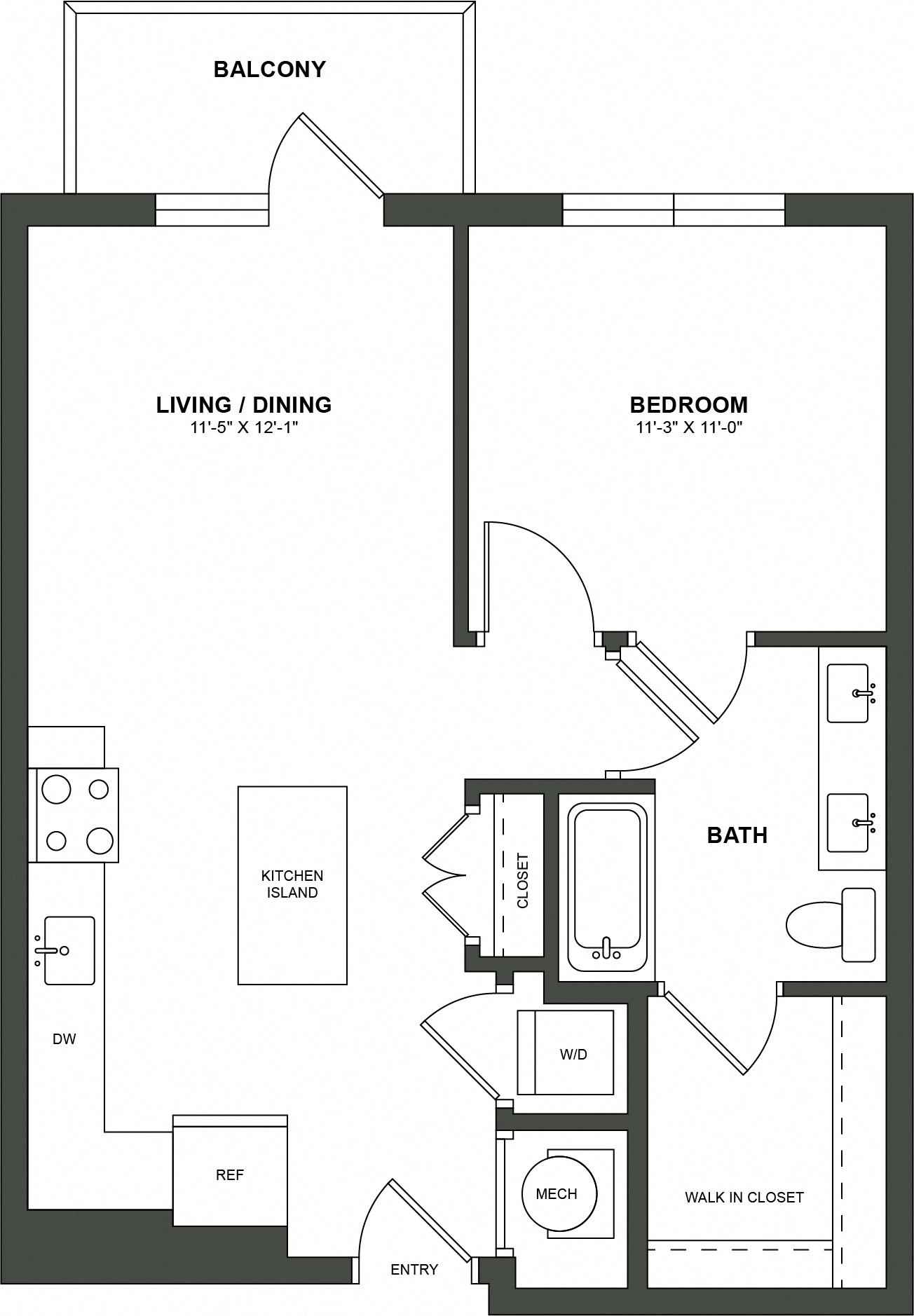 Floor plan for 1 bed, 1 bath, 688 sqft